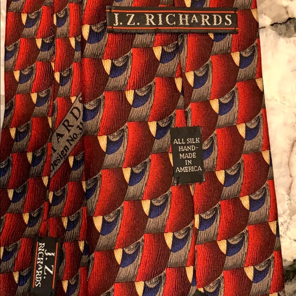 J.Z Richards tie red blue gray tan silk - Picture 2 of 16